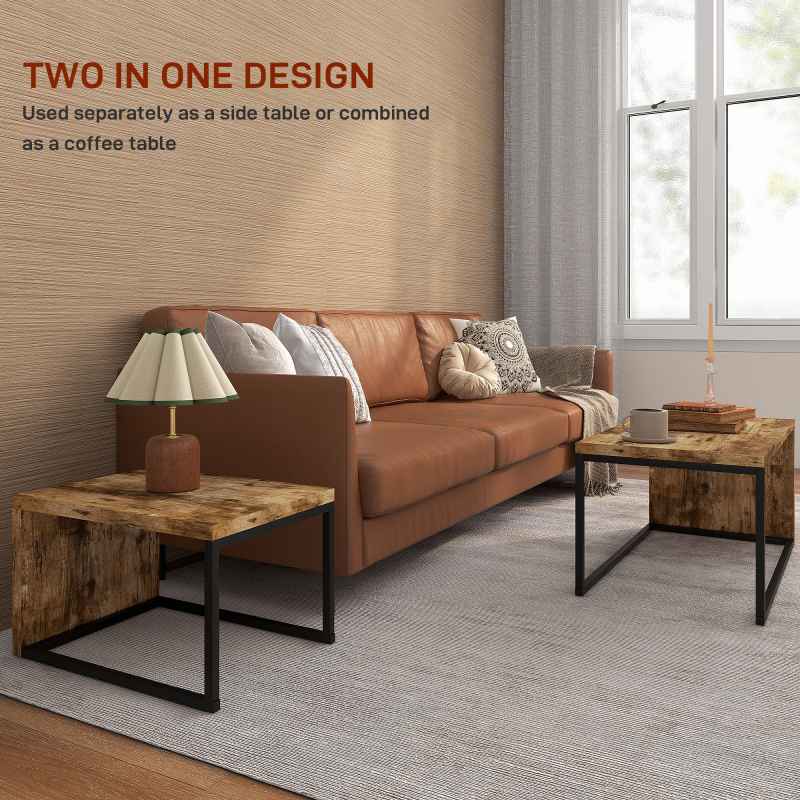 HOMCOM Coffee Tables Set of 2, Industrial Nest of Tables with Metal Frame for Living Room Bedroom