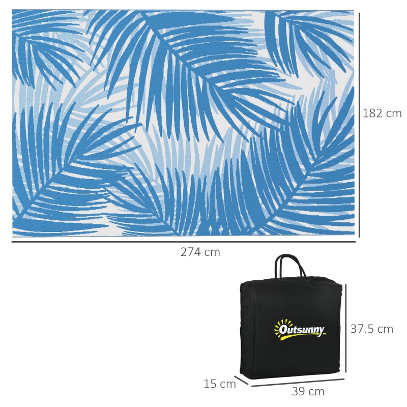 Outsunny Reversible Outdoor Rug with Carry Bag, Waterproof Plastic Straw Mat for Garden, Deck, RV, Picnic, Beach, Camping, 182 x 274cm, Blue and Cream