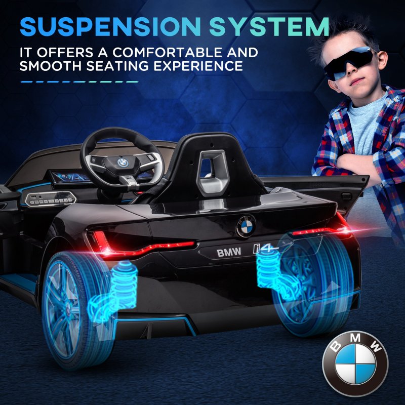 HOMCOM BMW i4 Licensed 12V Electric Car for Kids, Kids Electric Ride-on with Remote Control, Suspension Wheels, Music, Horn, Lights, MP3 Slot, Portable Battery, for Ages 3-6 Years - Black