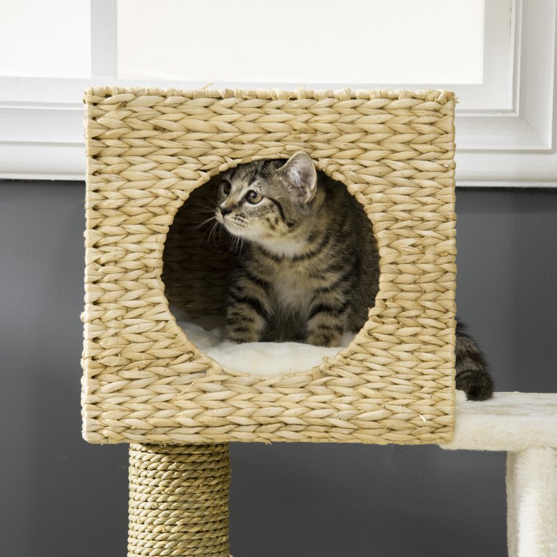 PawHut Flower Cat Tree for Indoor Cats Kitten Tower Cattail Weave with Scratching Posts, Cat House, Bed, Ladder, Washable Cushions, 57 x 37 x 100.5 cm - Natural Finish