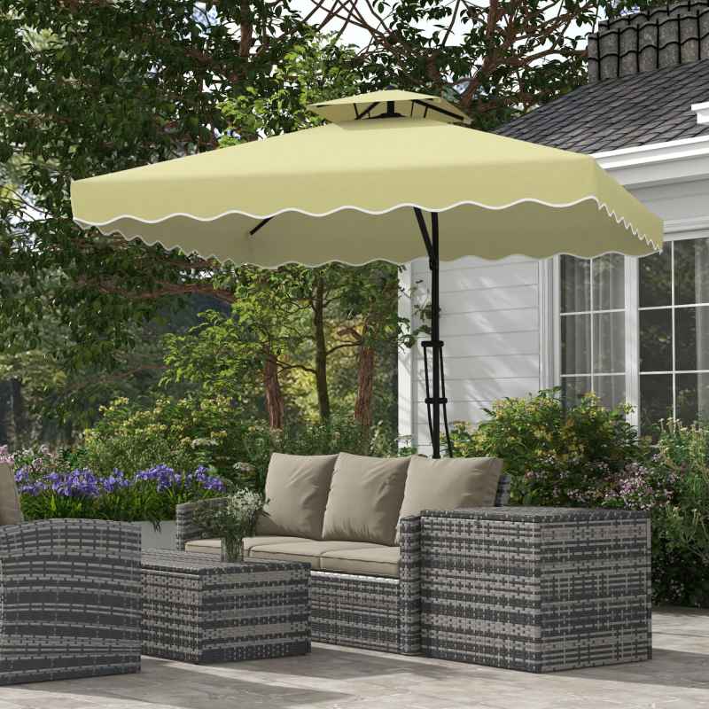 Outsunny 2.5m Cantilever Parasol with Easy Lever, Square Double Top Garden Parasol Umbrella with Ruffles and Cross Base, Overhanging Outdoor Sun Shades, Beige