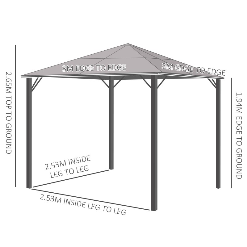 Outsunnym 3 x 3(m) Hardtop Gazebo Canopy with Polycarbonate Roof, Aluminium Frame, Permanent Pavilion Garden Gazebo with Netting and Curtains - Grey