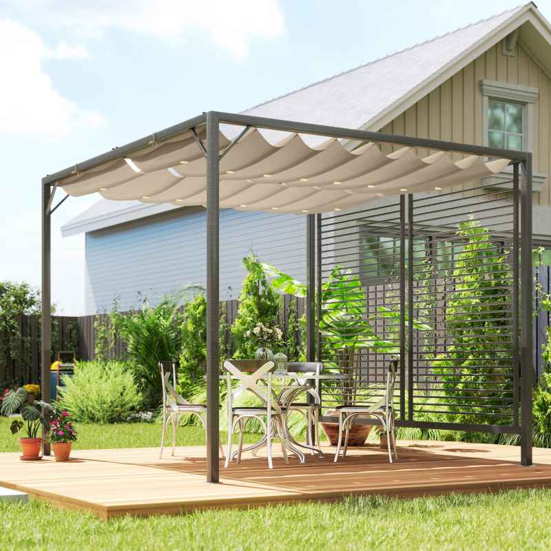Outsunny 2.8 x 3(m) Metal Outdoor Pergola with Retractable Roof, Outdoor Gazebo Canopy Shelter with Grommet Holes for Garden, Patio, Lawn, Beige