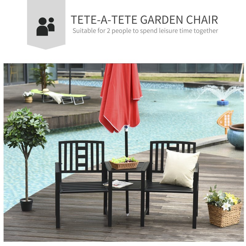 Outsunny Patio Tete-a-tete Chair 2 Seat Bench Middle Coffee Table w/ Umbrella Hole for Outdoors Decorative Slatted Design Steel Frame Black