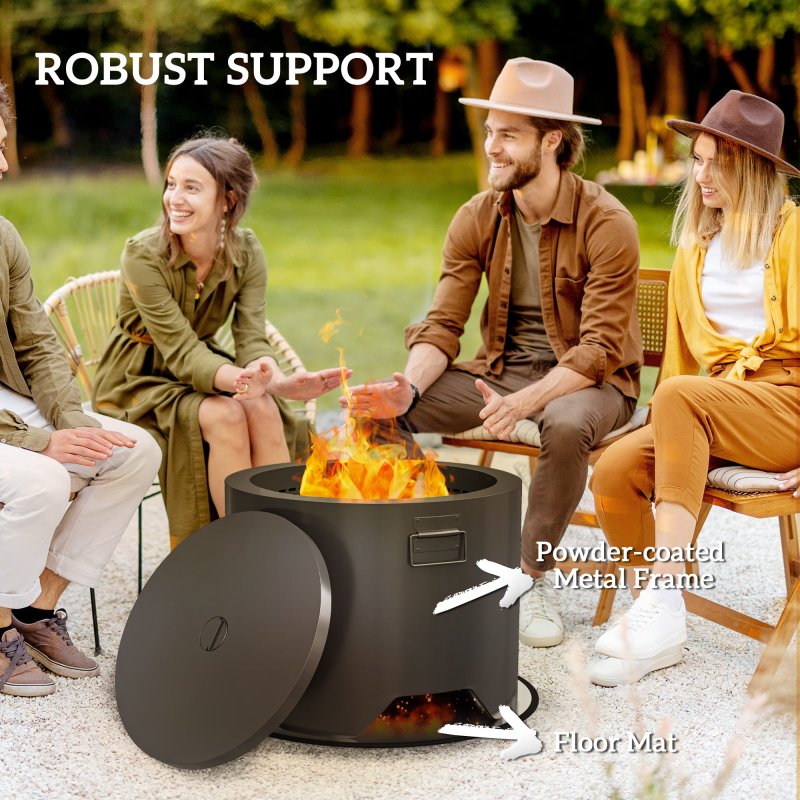 Outsunny Outdoor Round Fire Pit with Lid, Wood Burning Firepit with Fire Poker and Floor Mat for Patio Bonfire BBQ Camping, Black