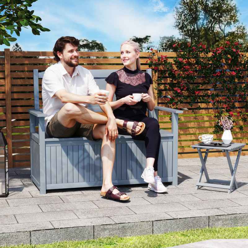 Outsunny 2 Seater Garden Storage Bench, 164L Outdoor Storage Box with Backrest Flower Pattern, Wooden Garden Bench with Armrests, 125 x 68.5 x 97cm, Grey