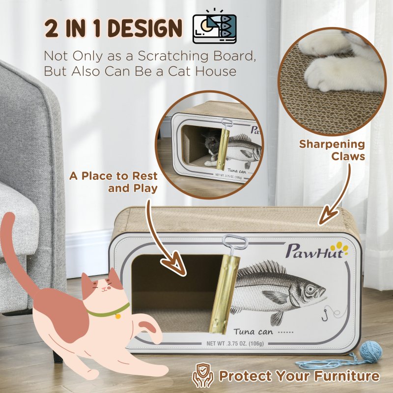 PawHut Cat Scratching Board, 2 in 1 Cat Scratcher Cardboard with Catnip, Canned Tuna Design Cat House for Indoor Kitty, Cream White