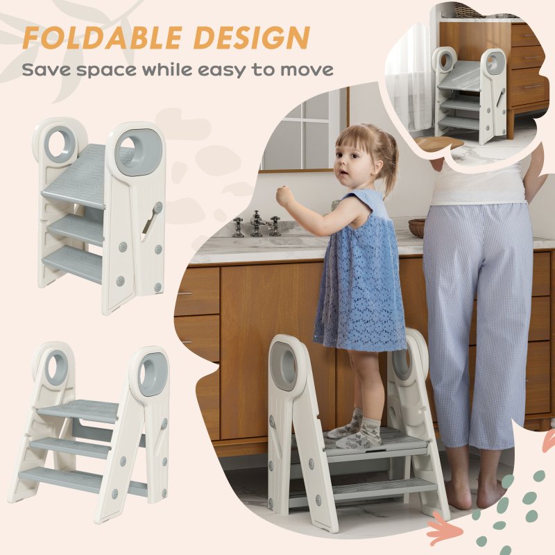 AIYAPLAY Kids Step Stool, Foldable Toddler Kitchen Stool, Adjustable Standing Tower with Handle, Non-Slip for Bathroom, Sink, Kitchen, Counter, Toilet Potty Training, Grey