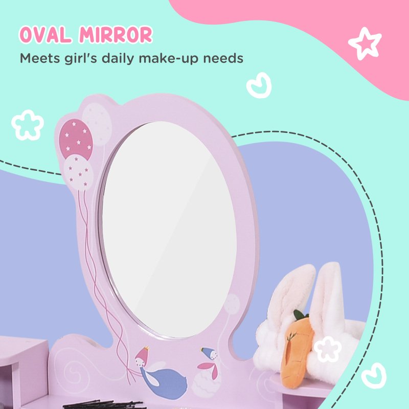 HOMCOM 2 PCS Kids Wooden Dressing Table and Stool Girls Vanity Table Makeup Table Set with Mirror Drawers Role Play Toy for Toddlers Age 3 Years +, Pink and White