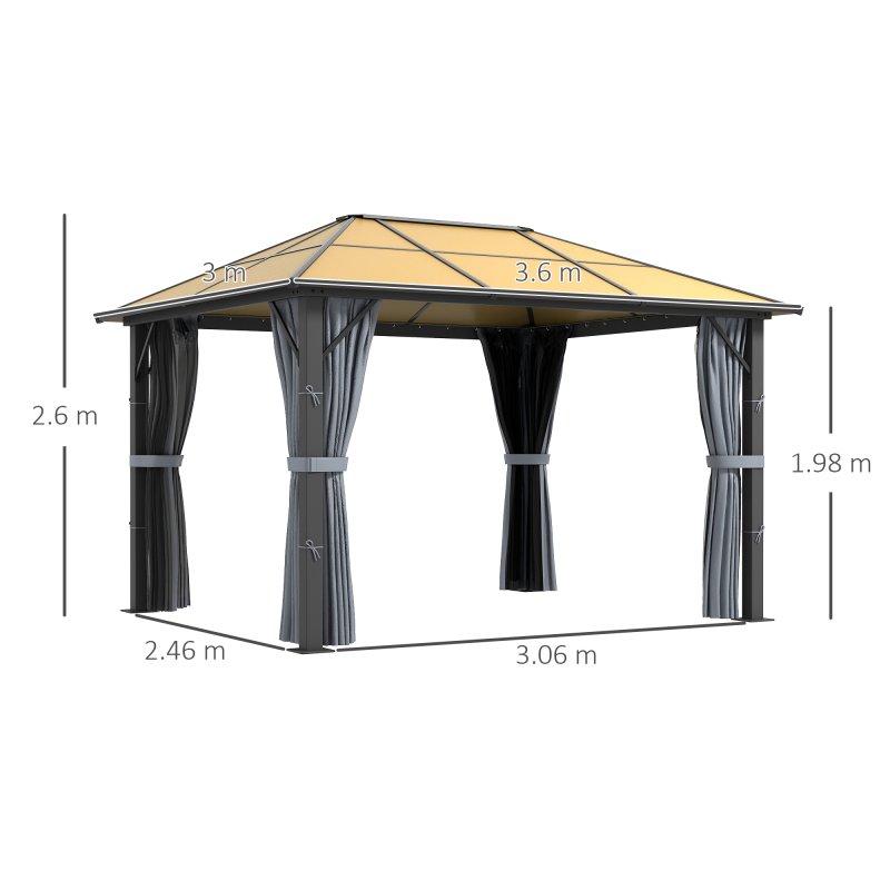 Outsunny 3 x 3.6m Hardtop Gazebo Canopy with Polycarbonate Roof, Aluminium Frame, Permanent Pavilion Garden Gazebo with Netting and Curtains - Grey