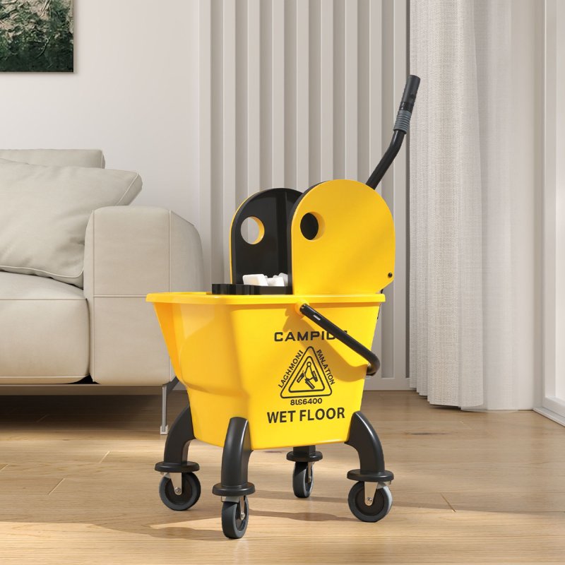 HOMCOM Mop Bucket with Wringer Set on Wheels for Floor Cleaning, 26 Litre Down Press Wringer with Handle and Mop, Yellow