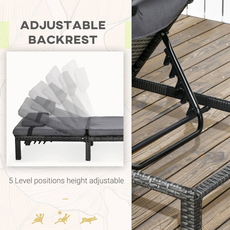 Outsunny Rattan Sun Lounger Set of 2, 5-Level Adjustable Garden Lounger Recliner with Cushion and Headrest, Outdoor Reclining Sunbed, Steel Frame Garden Chair for Patio, Beach, Terrace, Dark Grey