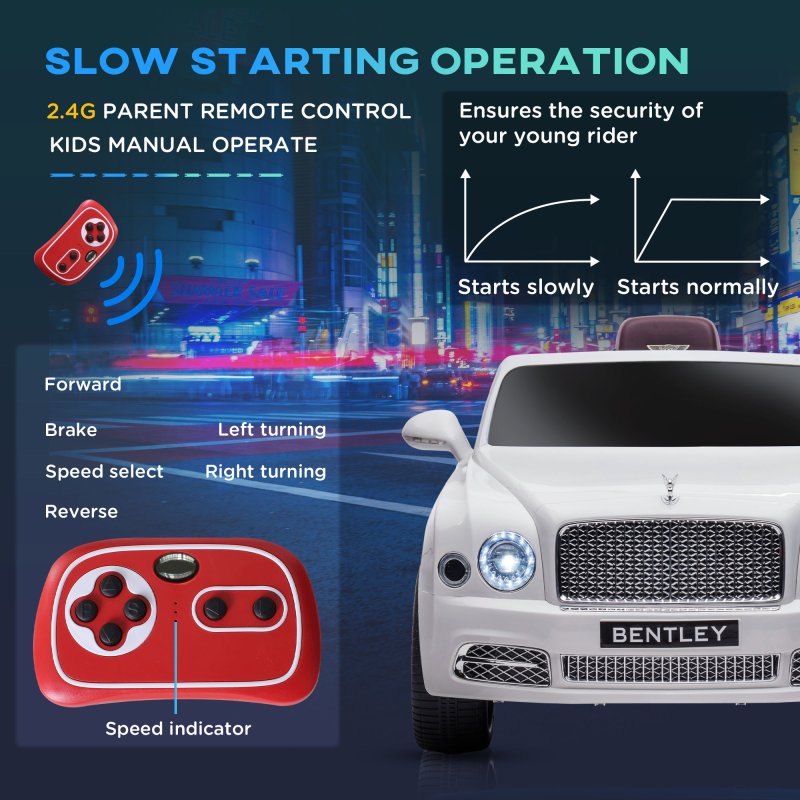 HOMCOM Bentley Mulsanne Licensed Kids Electric Ride On Car 12V Powered Toy Car w/ Remote Control, Music, Horn, Lights, MP3 Slot, Suspension Wheels, for Ages 3-6 Years - White