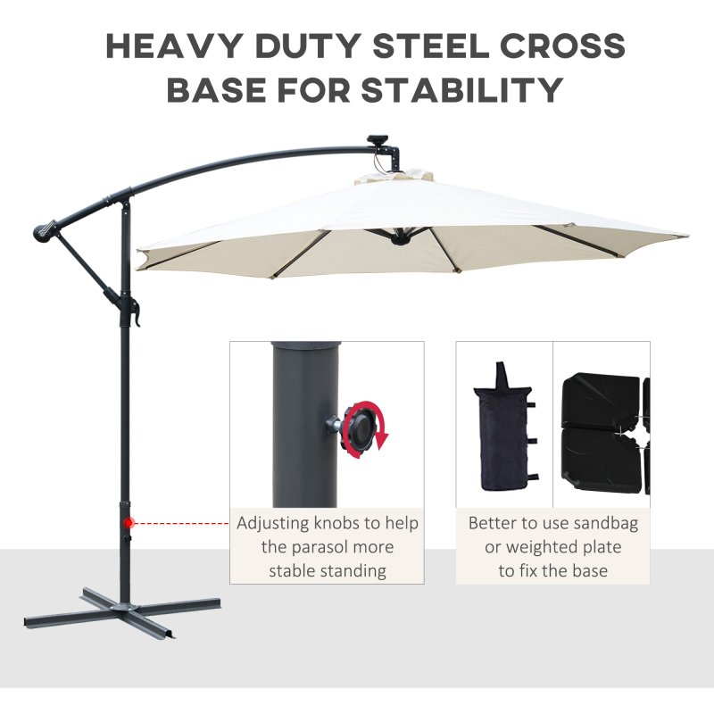Outsunny 3(m) Banana Cantilever Parasol with Solar LED Lights, Garden Umbrella with Cross Base and Crank Handle, Hanging Offset Sun Shade for Outdoor, Patio, Cream White