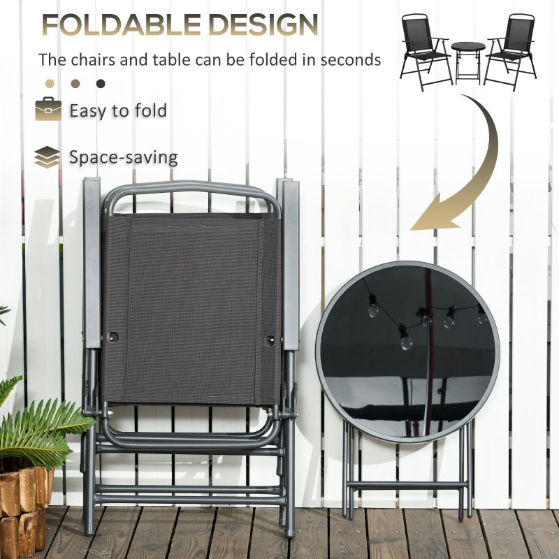 Outsunny Garden Bistro Set, 3 Pieces Table and Chairs Set, Outdoor Garden Furniture with Foldable Breathable Mesh Fabric Armchairs & Glass Top Coffee Table, Black