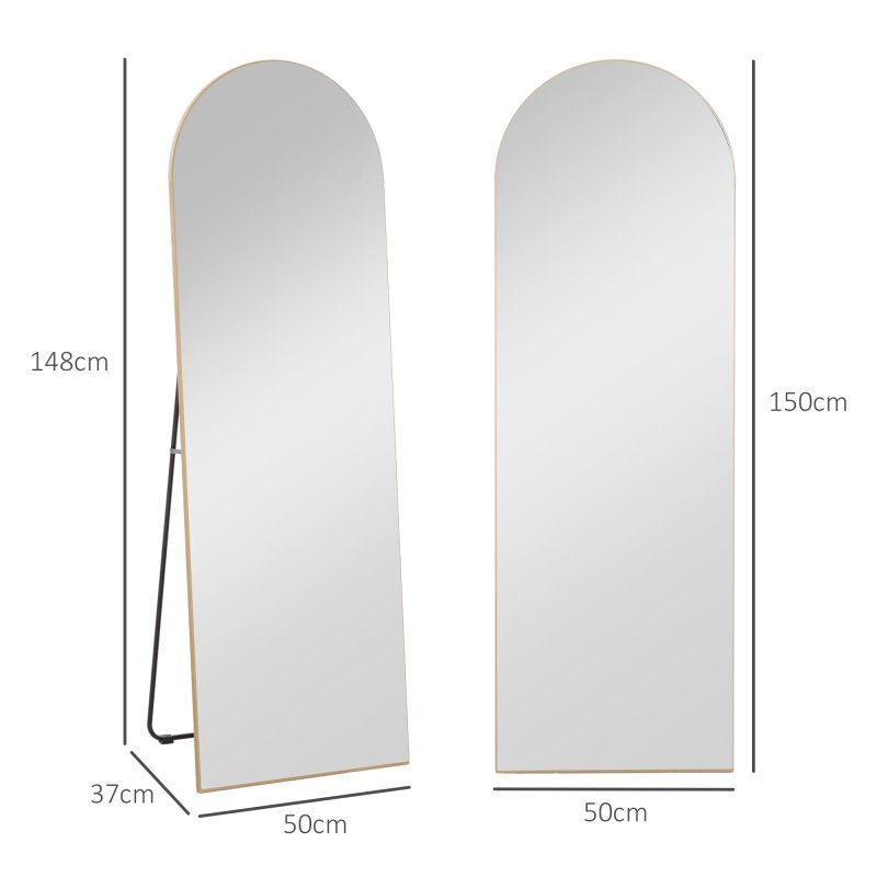 HOMCOM Arched Full Length Mirror, 50 x 150cm Wall Mounted, Leaning, Free Standing Mirror, Frameless Full Body Mirror for Living Room, Bedroom, Gold Tone