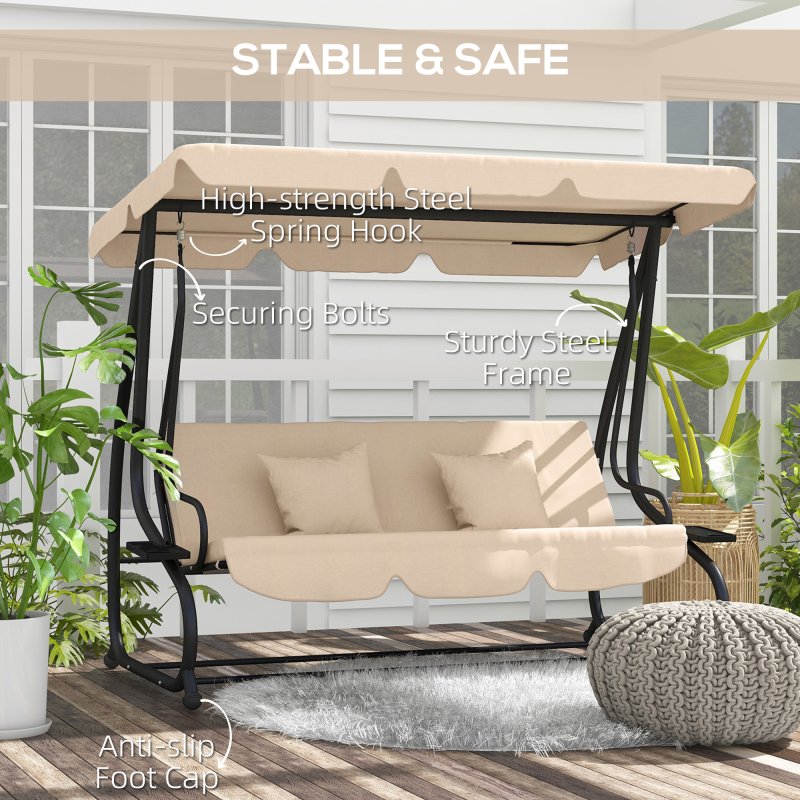 Outsunny 2-in-1 Garden Swing Seat Bed, 3 Seater Convertible Swing Chair Bench with Tilting Canopy, Cushioned Seat and 2 Pillows for Patio, Garden, Light Brown