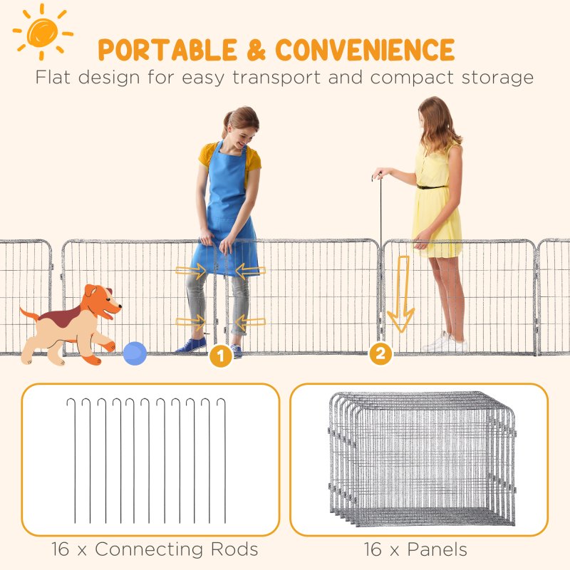 PawHut Dog Pen 16 Panels Puppy Pen Heavy Duty Pet Playpen for Indoor Outdoor for Dogs, Rabbits, Ducks 60cm High