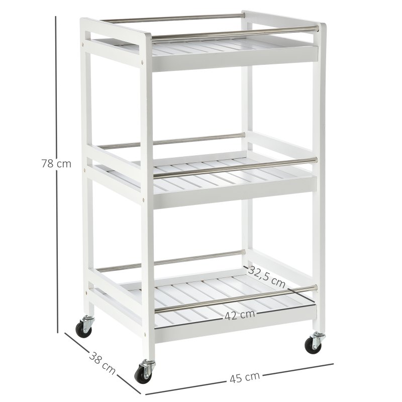 HOMCOM 3-Tier Home Trolley Kitchen Storage Cart w/ Steel Bars 4 Universal Wheels Rolling Unit Organiser Living Room White