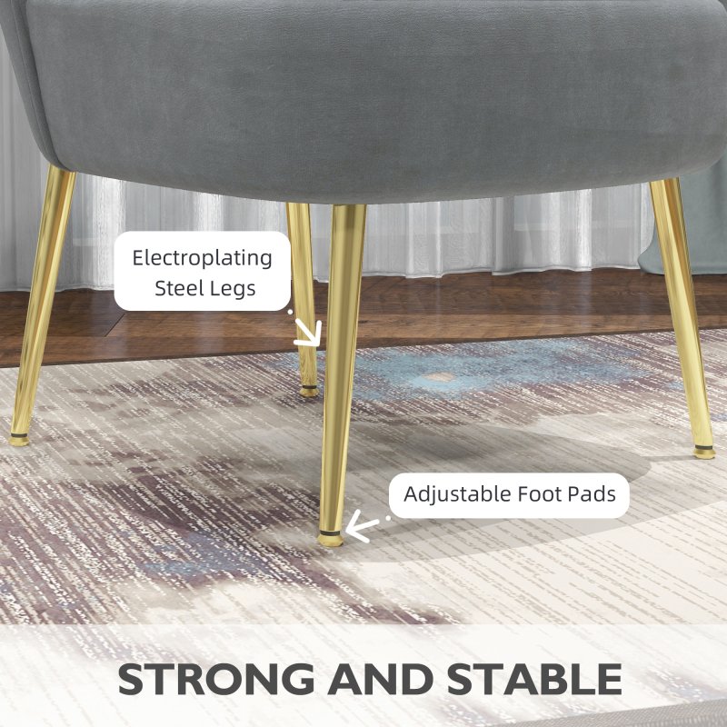 HOMCOM Armless Accent Chair, Upholstered Velvet Lounge Chair with Gold Tone Steel Legs for Bedroom, Living Room, Grey