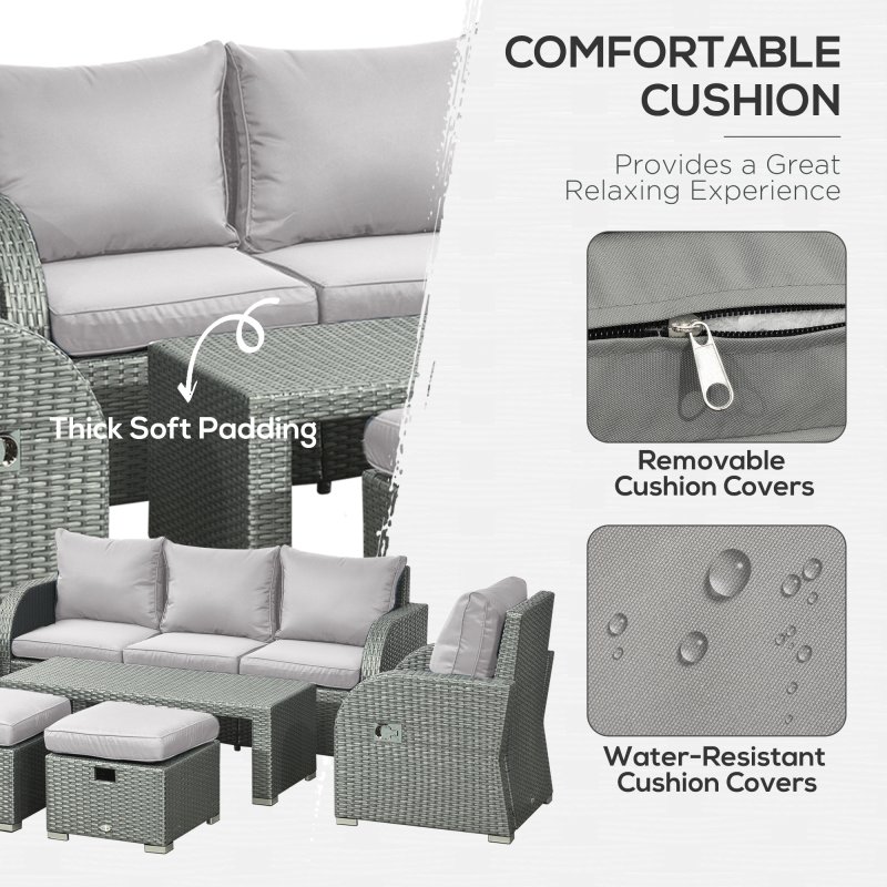 Outsunny Rattan Garden Furniture 7 Seater Sofa & Coffee Table Footstool Set Outdoor Patio Wicker Weave Reclining Chair Space-saving - Light Grey