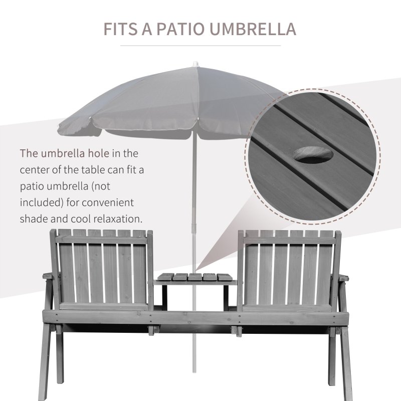 Outsunny 2-Seater Wooden Garden Bench, Antique Loveseat Chair with Table & Parasol Hole, Outdoor Bench for Porch, Patio, Grey