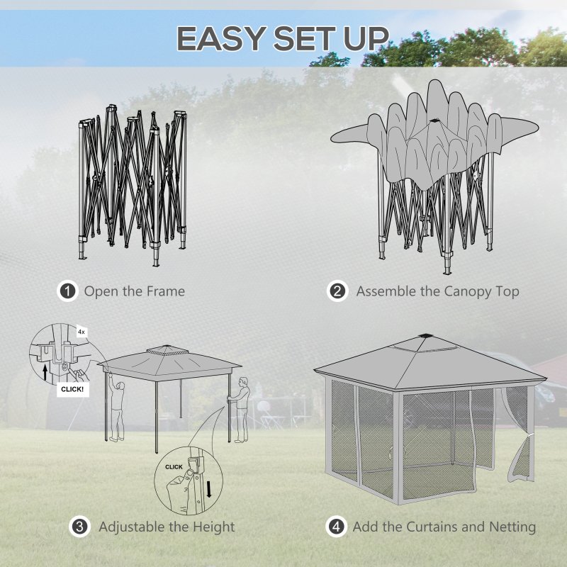 Outsunny 3 x 3(m) Pop Up Gazebo with Sides, 20 Solar-Powered LED Lights, Netting, Roller Bag, 4 Weight Bags, Marquee Party Tent, Height Adjustable Instant Event Shelter, Grey