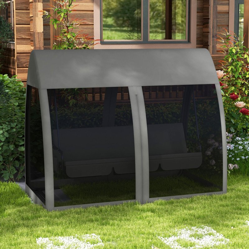 Outsunny 3 Seater Swing Chair 2 in 1 Garden Swing Seat Bed Convertible Outdoor Rocking Bench Bed with Water-Resistant Roof, Zipped Door and Mosquito Netting, Grey