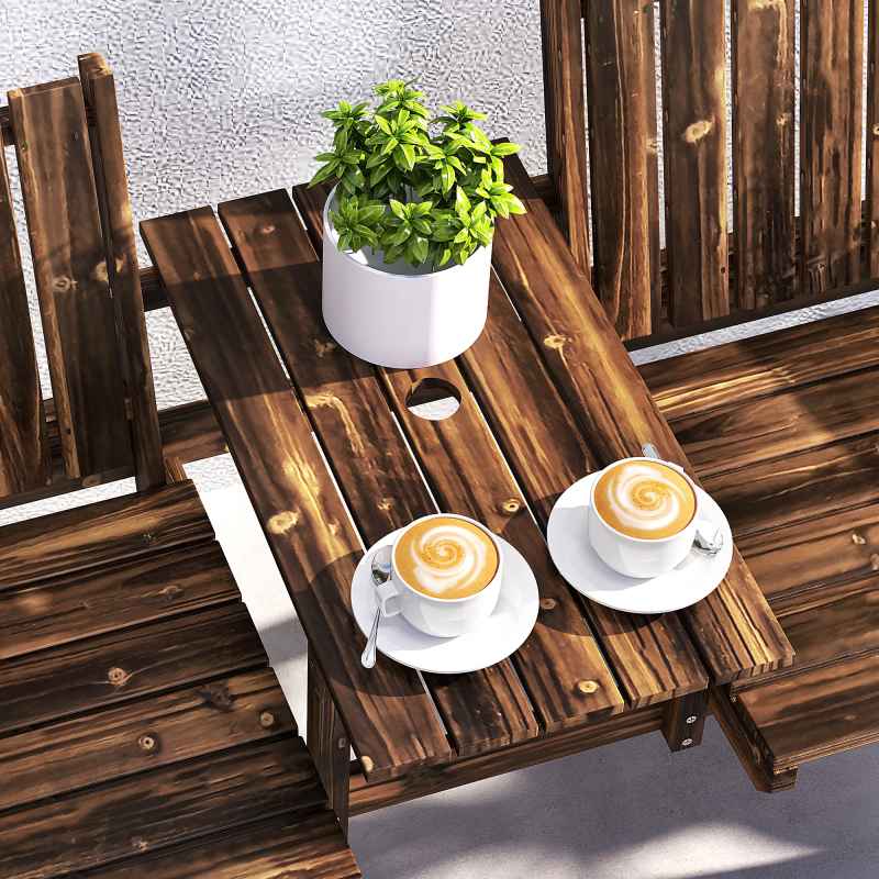 Outsunny 2-Seater Wooden Garden Bench, Antique Loveseat Chair with Table & Parasol Hole, Outdoor Bench for Porch, Patio, Carbonised Finish
