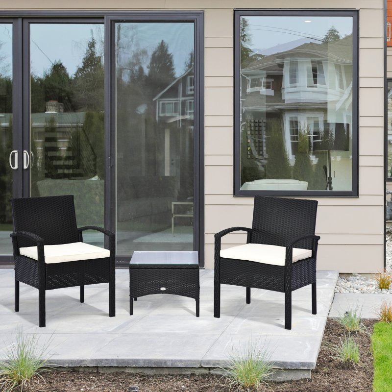 Outsunny 3 Pieces Rattan Bistro Set, Wicker Garden Furniture Set with Glass Top Coffee Table and Chairs, Washable Cushions for Outdoor, Patio, Balcony, Black
