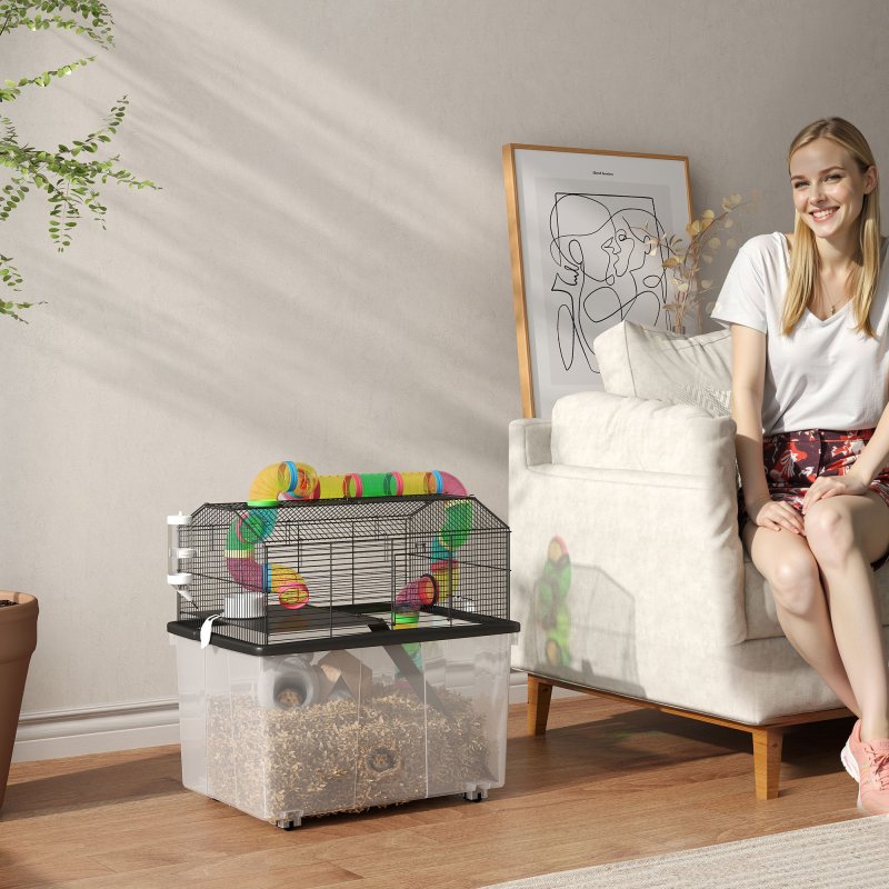 PawHut Hamster Cage, 2 Tier Gerbil Cage with 31cm Deep Tray, Tube System, Water Bottle, Ramp, Feeding Bowl, 58 x 43 x 57cm, Multicoloured