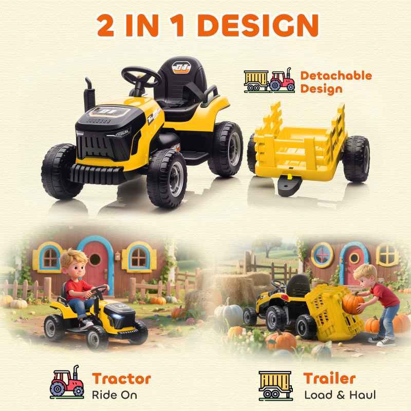 AIYAPLAY Ride on Tractor with Trailer, 12V Electric Vehicle with Remote Control, Ride on Car for Kids with Music, Shifter, Start-Up Sound for Ages 3-8 Years, Yellow