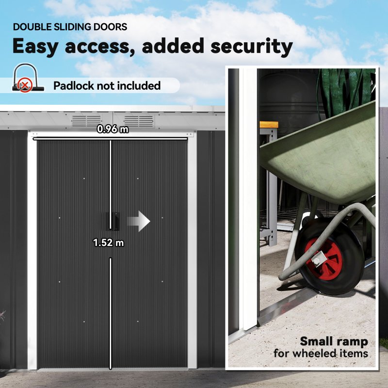 Outsunny 9ft x 4ft Metal Garden Shed, Outdoor Tool House with Foundation Kit, Ventilations and Double Doors, Dark Grey