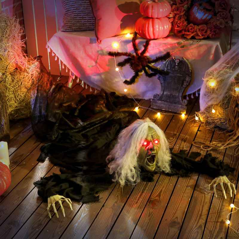 Outsunny 183 cm Life Size Halloween Animated Crawling Zombie with Glowing LED Eyes, Scary Halloween Decorations, Battery Operated, Indoor Outdoor Party Props