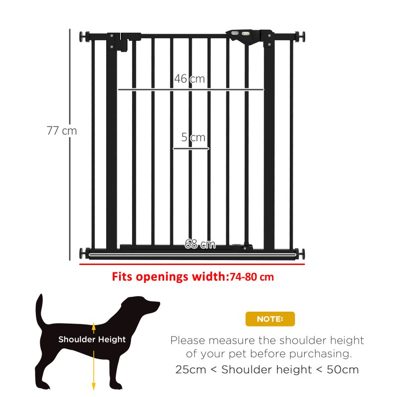 PawHut Dog Gate Stair Gate Pressure Fit Pets Barrier Auto Close for Doorway Hallway, 74-80cm Wide Adjustable, Black