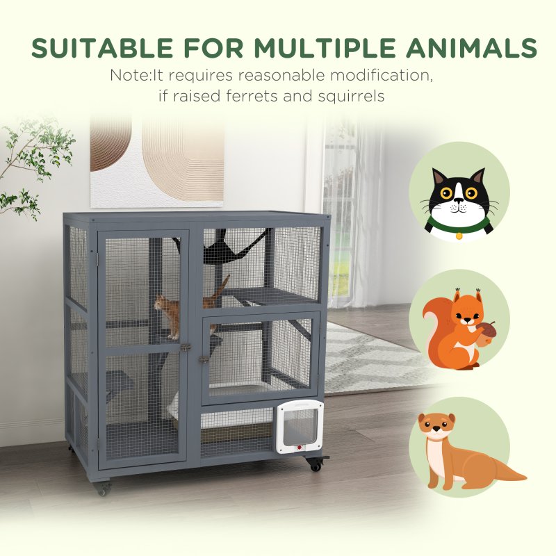 PawHut Cat Cage House, Catio Cat Indoor Enclosure on Wheels, Weather-Resistant Wooden Kitty Cage with Platforms, Hammock, Light Grey