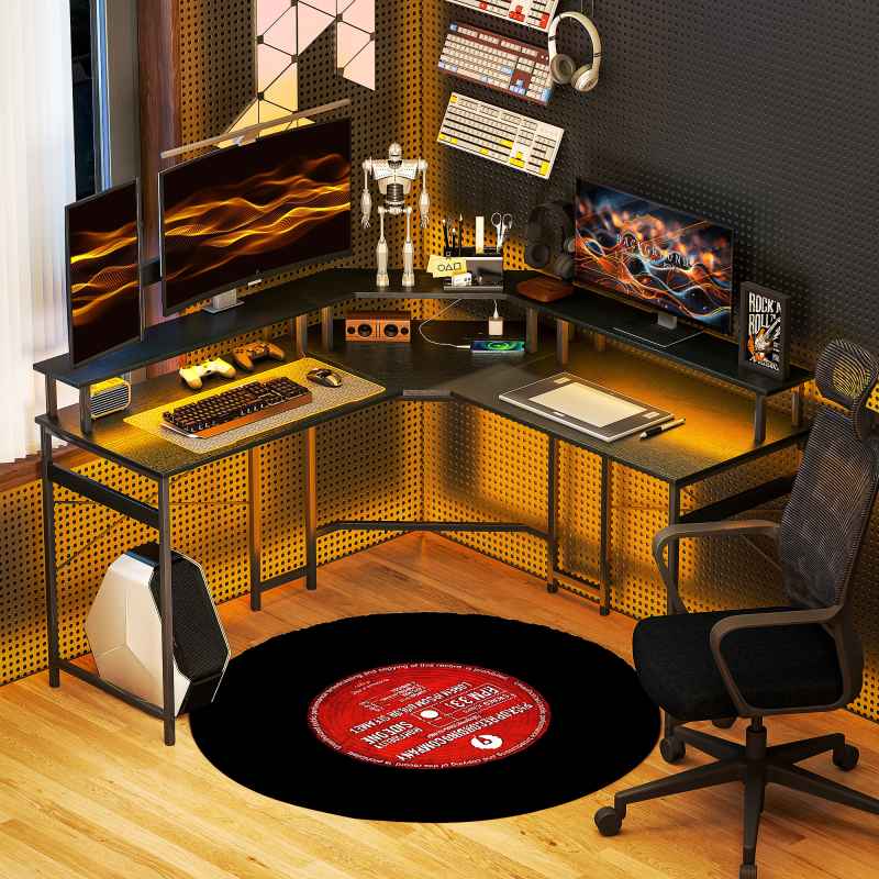HOMCOM L Shaped Desk with Power Outlets and LED Lights, Corner Computer Desk with Monitor Stand, Gaming Desk for Home Office, Black