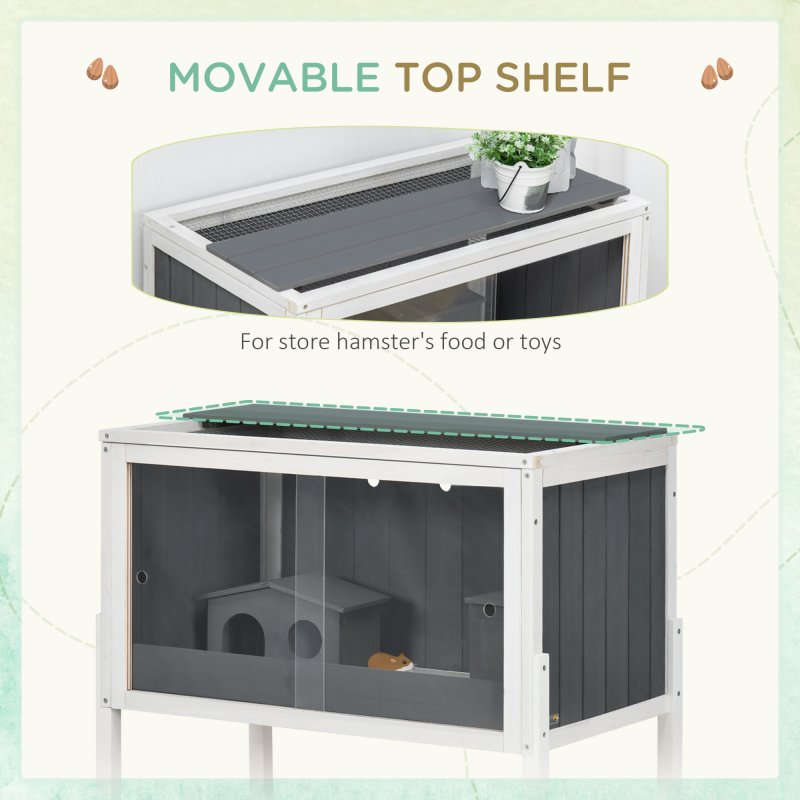 PawHut Wooden Hamster Cages for Hamsters, Gerbils, Rutin Chickens, Small Animal Habitats with Shelf, 82 x 45 x 81cm - Dark Grey