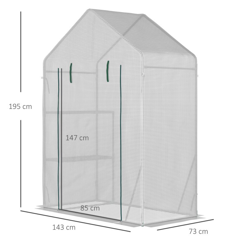 Outsunny Walk In Greenhouse with 2 Tier Shelf, Portable Gardening Plant Grow House Tomato Greenhouse with Roll up Zip Panel Door, Reinforced PE Cover, 143 x 73 x 195cm, Green