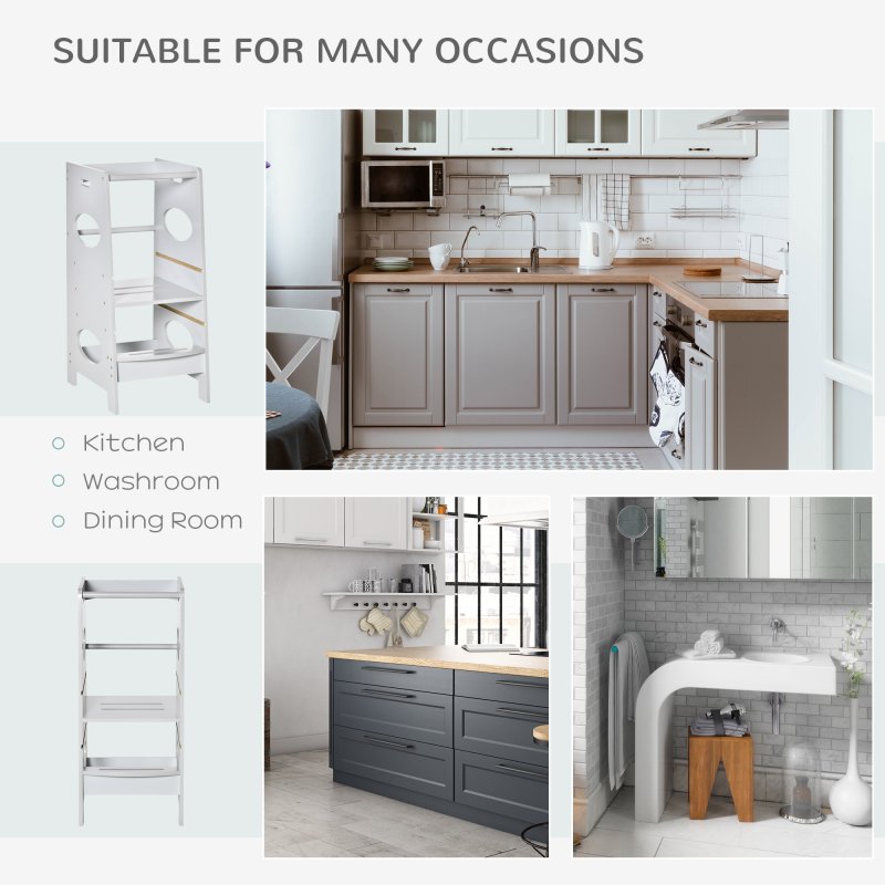 HOMCOM Toddler Step Stool Kids Adjustable Standing Tower with Safety Rail for Kitchen Counter Grey