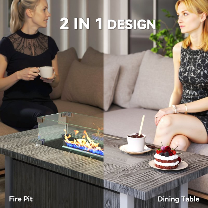 Outsunny Propane Gas Fire Pit Table for Garden, 50000 BTU Smokeless Firepit Outdoor Heater with Waterproof Cover, Glass Screen, Glass Beads and Lid, Wood Effect, 109 x 56 x 63cm, Dark Grey