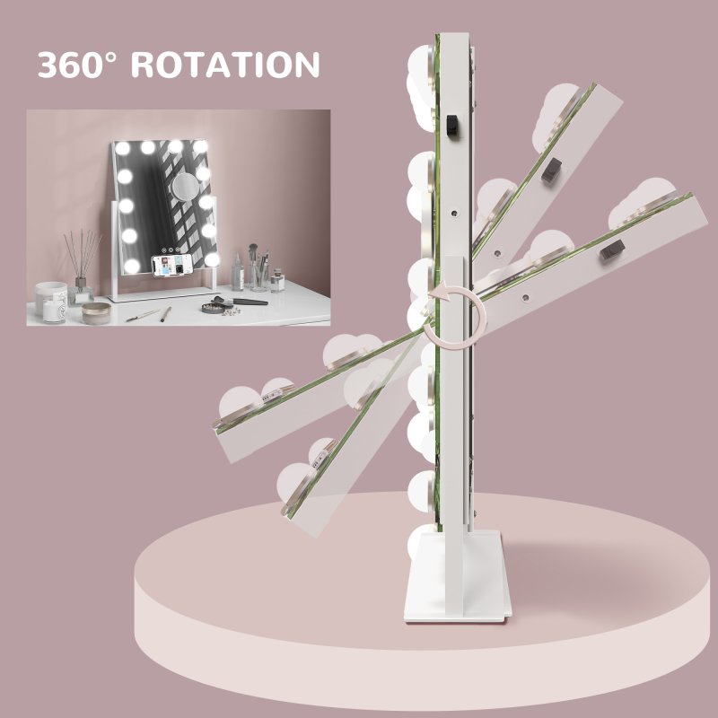 HOMCOM Hollywood Vanity Mirror with Lights, 37x46 cm Lighted Makeup Mirror with 3 Colour, 12 LED Bulbs, 10X Magnifying, USB Charging Port, Phone Holder, 360 Rotation, Touch Screen