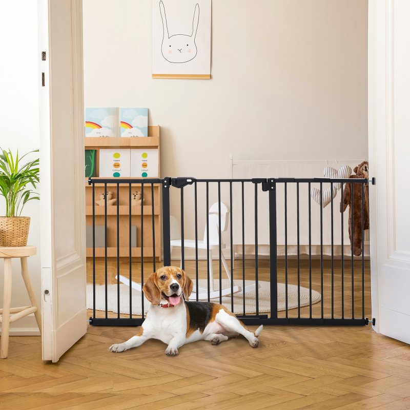 PawHut Dog Gate Stair Gate Pressure Fit Pets Barrier Auto Close for Doorway Hallway, 74-148cm Wide Adjustable, Black