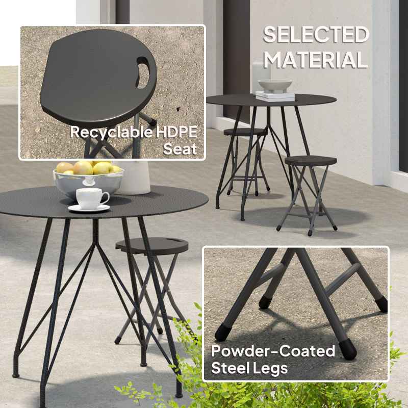 Outsunny Folding Stool Set of 4, Decorative Garden Stool Chair with Safety Latch, Foldable Garden Stools with Powder-Coated Steel Legs HDPE Seat and Handle for Indoor and Outdoor, Charcoal Grey