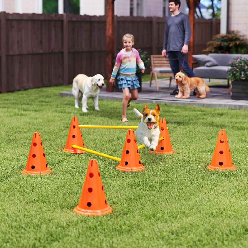 PawHut Dog Agility Set, Portable Pet Jump Training Equipment Kit for Six Cones, Six Poles with Carry Bag, Three-Piece Adjustable Height Jumping Obstacles, Orange