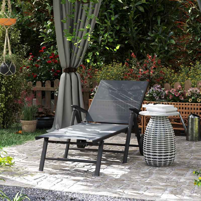 Outsunny Folding Sun Lounger with Wheels, 5-Position Adjustable Garden Chaise Lounge Sunbed with Armrests, Metal Frame Outdoor Portable Reclining Chair for Beach, Porch, Grey