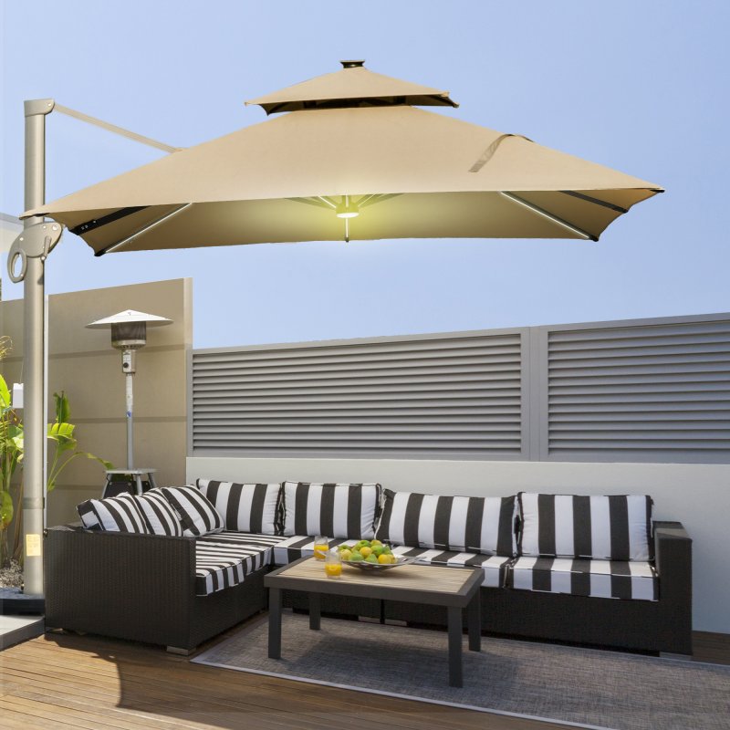 Outsunny 3 x 3(m) Cantilever Roma Parasol Garden Sun Umbrella, Two-tier 250g Polyester Sun Shade with LED Solar Light, Aluminium Frame, Cross Base 360 Degrees Rotating Khaki