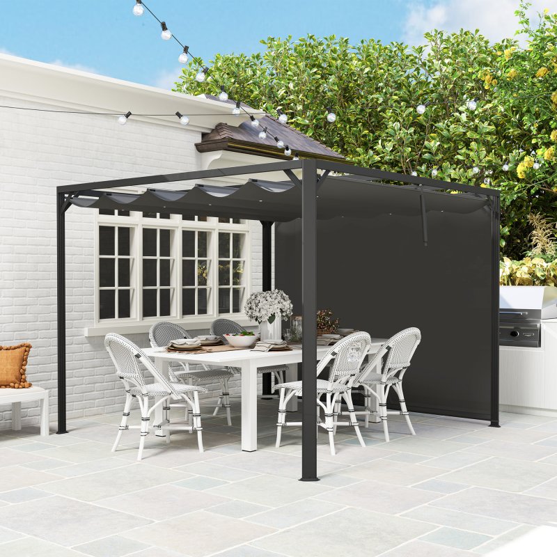 Outsunny 3 x 3(m) Garden Pergola with Retractable Roof Canopy, Aluminium Pergola Kit Gazebo with Roller Shade, UPF30+ Sun Shade Shelter for Porch, Dark Grey