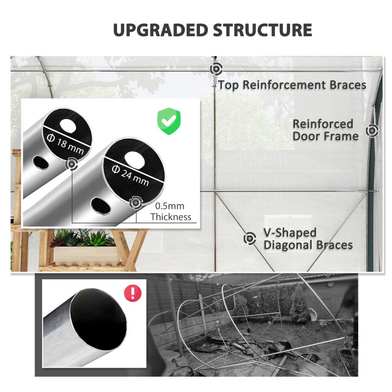 Outsunny 4 x 3(m) Walk-in Polytunnel Greenhouse with Upgraded Structure, Zipped Roll Up Mesh Door, 6 Mesh Windows, Tunnel Warm House Tent with PE Cover, 10 Plant Labels and Gloves, White