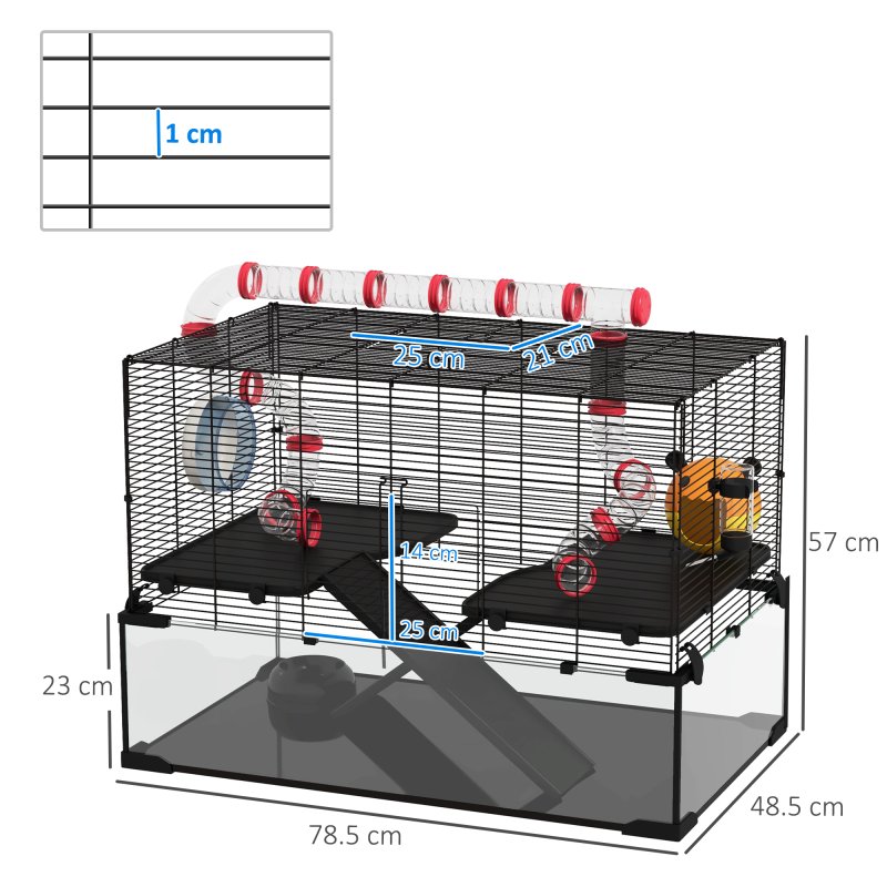 PawHut Large Hamster Cage, Gerbil Cage with Deep Glass Bottom, Tunnels, Non-Slip Ramps, Exercise Wheels, Water Bottle, Dish, 78.5 x 48.5 x 57cm